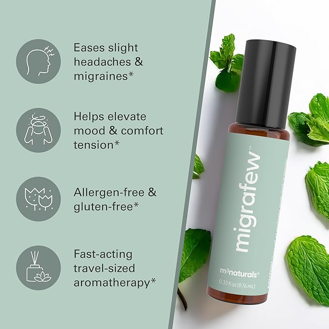 MigraFew Aromatherapy Migraine Roll On | Compact Headache Relief with Cooling Metal Roller for Head Tension and Pressure, Made with Peppermint, Spearmint and Lavender Essential Oils (Pack of 3) by M3