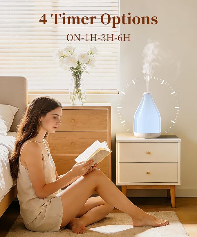 300ML Essential Oil Diffuser, Quiet Aromatherapy Diffuser Mist Humidifier with 7 Colors Light, Auto-Off, 1H/3H/6H Timer, Ultrasonic Room Scent Diffuser for Home, Office, White (No Remote)
