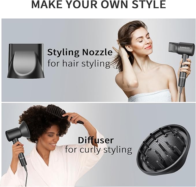 High Speed Brushless Hair Dryer with Thermo-Control, Diffuser, and Nozzle for Fast, Low-Noise Drying