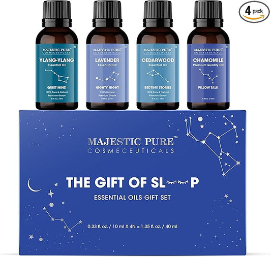 Majestic Pure, Restful Night Essential Oil Gift Set | 100% Pure & Natural Set for Soothing Nighttime and Self-Care Rituals | Lavender, Ylang Ylang, Cedarwood, Chamomile - Pack of 4