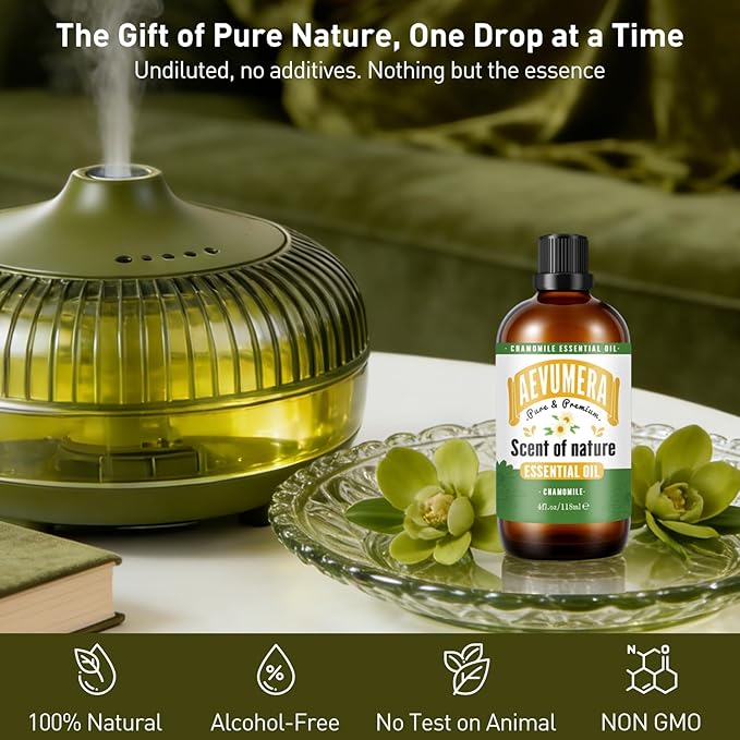 Chamomile Essential Oil 4OZ Undiluted Chamomile Oil Pure and Natural Aromatherapy Essential Oil for Skin, Hair Care, Diffuser, Home Cleaning Spray, Massage, DIY Soap Making, 118ML