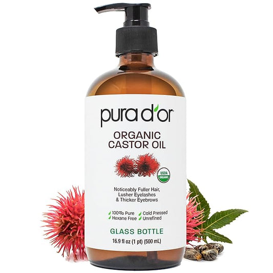 PURA D'OR ORGANIC Castor Oil (16.9 Oz GLASS BOTTLE) Pure Cold-Pressed Hexane-Free USDA Certified – Lashes Brows Hair Scalp Skin – Botanical Moisturizer for Softness Strength Hydration Shine Radiance