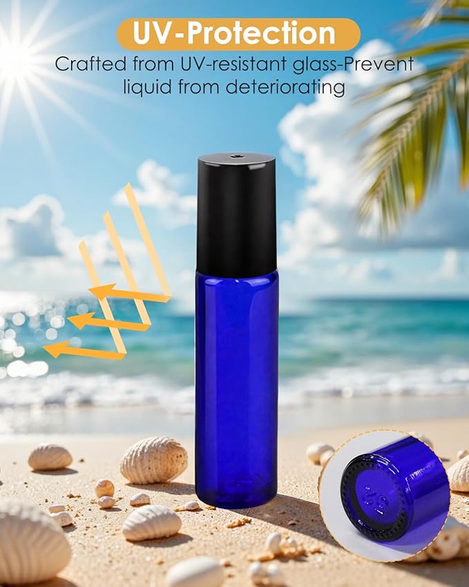 Worldgsb 25 Pack Essential Oil Roller Bottles, 10ml Refillable Glass Roller Bottles with Stainless Steel Roller Balls and Caps for Travel, Perfume and Lip Gloss Blue