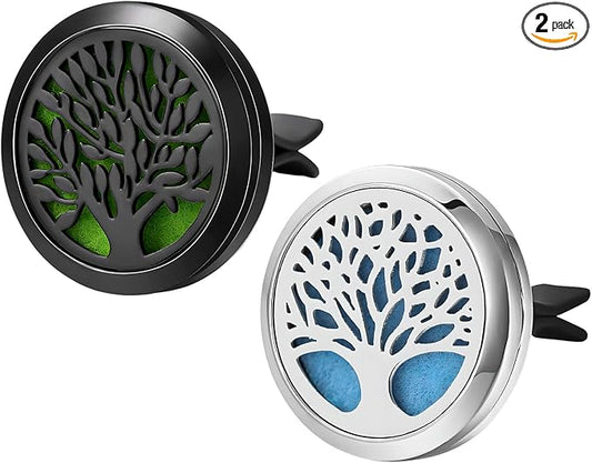 KVAEY 2PCS 30mm Car Diffuser Vent Clips, Tree of Life Aromatherapy Essential Oil Diffuser Locket with 12 Felt Pads, Stainless Steel Car Diffuser Locket Air Freshener (Style 2)