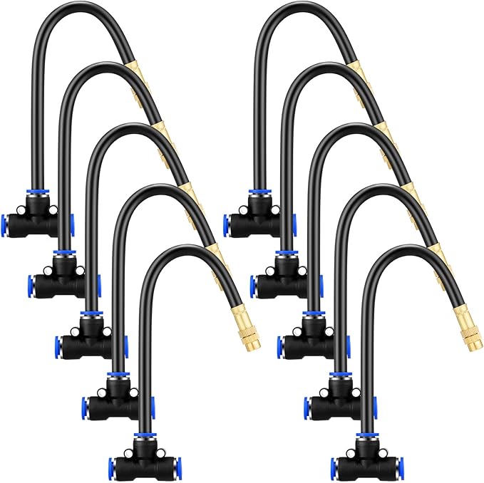 Zonon 10 Pcs Brass Misting Nozzles Tee with 8" Built in Hose for 0.32"/8 mm Tubing 360 Degree Rotation Adjustable Water Mister Nozzle Thread Sprayer Misting Part Accessories for Patio Outdoor Cooling
