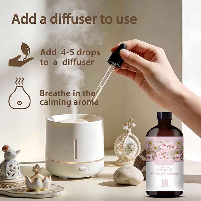 Cherry Blossom Essential Oil – MLYNKL Cherry Blossom Oils 16.33 fl oz for Diffusers, Humidifiers, Massage, DIY Candles, Soap, Cleaning, Home, Yoga, Office, Gifts - 490 ml