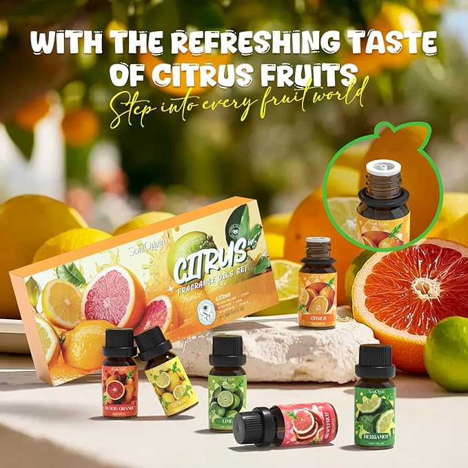 Soulorigin Citrus Essential Oils Set, Fragrance Oil Set for Diffuser, Scent Diffuser Oil for Candle Making- Blood Orange, Lemon, Bergamot, Lime, Grapefruit, Citrus
