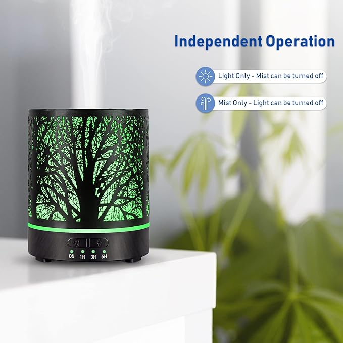 EQUSUPRO Essential Oil Diffuser 300ml Metal Electric Ultrasonic Diffuser for Large Room with Auto Shut-Off, 4 Timer Setting &7 Colors Night Light for Home (Tree-300ML)