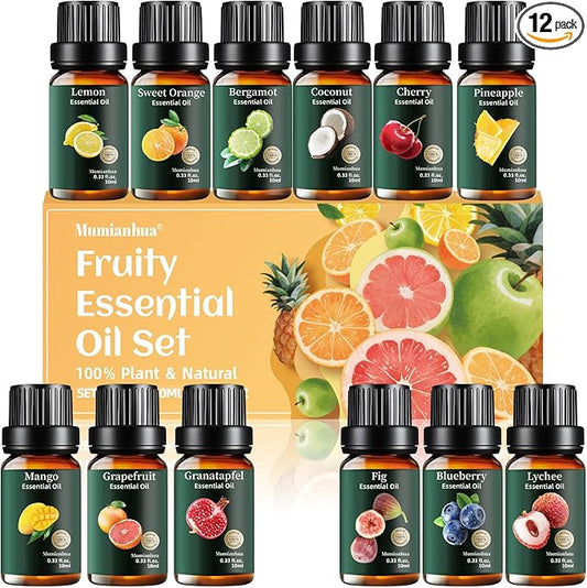 Pure Fruity Essential Oils Set Lemon, Grapefruit, Orange, Bergamot, Pineapple, Coconut, Mango, Pomegranate, Blueberry, Fig, Lychee, Cherry Aromatherapy Oil for Diffuser, Candle & Soap Making 12x10ml