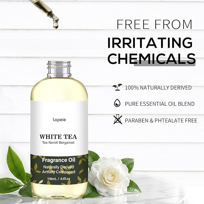 Lopeie White Tea Diffuser Oil – Essential Oil for Diffuser, Air Freshener & Room Spray – Long-Lasting with Notes of Tea, Neroli & Bergamot – Hotel Scent for Ultrasonic & Waterless Diffusers, 4.1 Fl Oz
