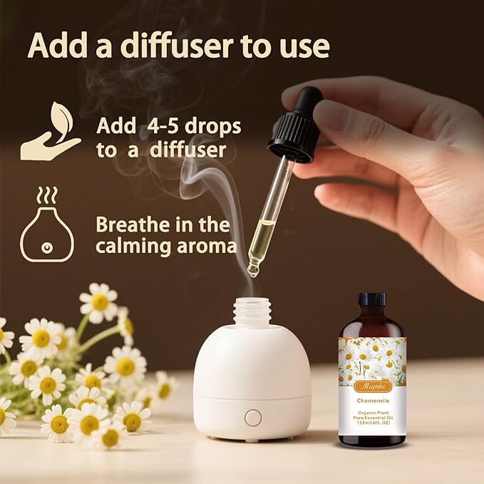 Chamomile Essential Oil – MLYNKL Chamomile Oils 4.33 fl oz for Diffusers, Humidifiers, Massage, DIY Candles, Soap, Cleaning, Home, Yoga, Office, Gifts - 130 ml
