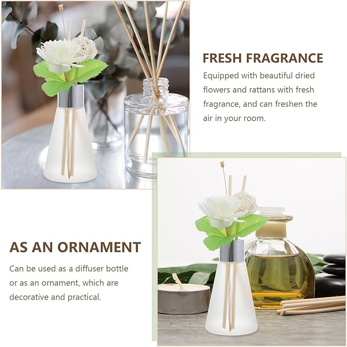 3pcs Glass Aroma Diffuser Bottle with Rattan Sticks and Dried Flowers, Ocean Scent Reed Diffuser Set for Bathroom and Office Home Fragrance