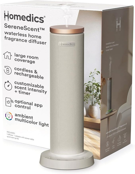 Homedics SereneScent Waterless Essential Oil Diffuser, Cordless Rechargeable Aromatherapy Diffuser for Home, Large Room Scent Machine, Timer, App Control, 6 LED Lights, No Water Needed, Grey