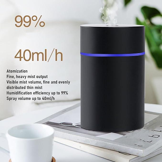 Car Humidifier with Lights, 300ML Essential Oil Diffuser USB Powered with 2 Mist Modes, Portable Air Freshener for Desktop Bedroom Office Travel (Black)