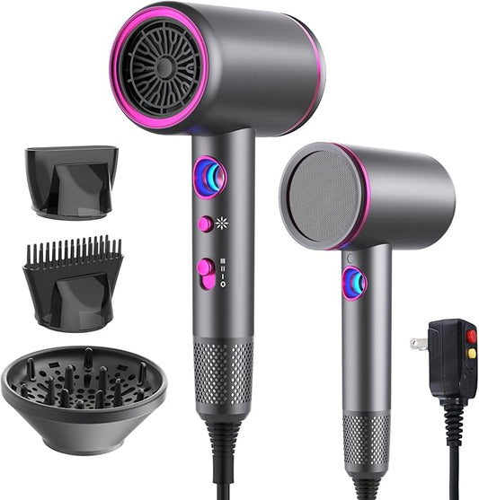 Professional Hair Dryer,1875 Watt High-Speed Ionic Blow Dryer with Diffuser/Concentrator/Comb Nozzle,LED Temp Display,Intelligent Temp Control,Low Noise for Home Salon Travel (Silvery)