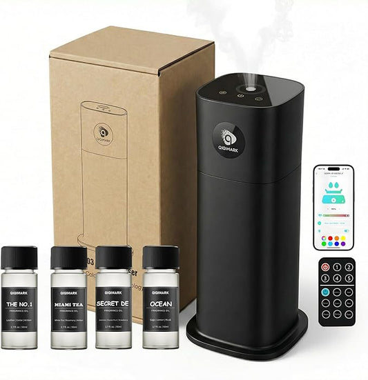 Hotel Waterless Diffuser with App Control, 700ml Capacity, Dual Atomizing Cores, RGB Night Light, Includes 4x50ml Essential Oils