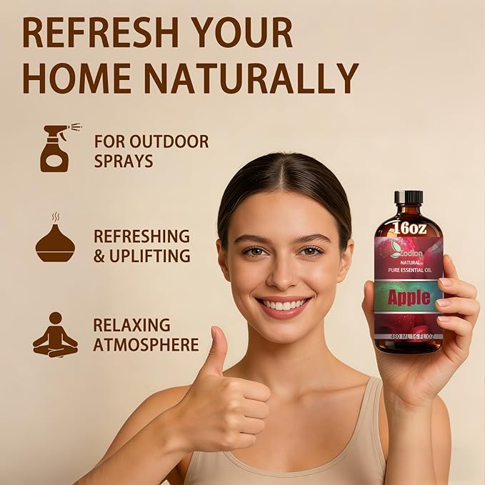 Apple Fresh Essential Oil, 16 fl oz (480ml) - ZODION Apple Fresh Fragrance Oil for Diffuser, Massage, Humidifier, DIY Candle, Soap Making, Home, Bath, Yoga
