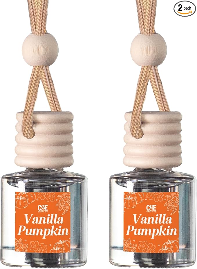 C&E Craft Co Hanging Car Air Freshener Diffuser 2 Pack, Long Lasting Fragrance Oil Car Freshener, Glass Bottle Auto Air Freshener, Made in USA (Vanilla Pumpkin)