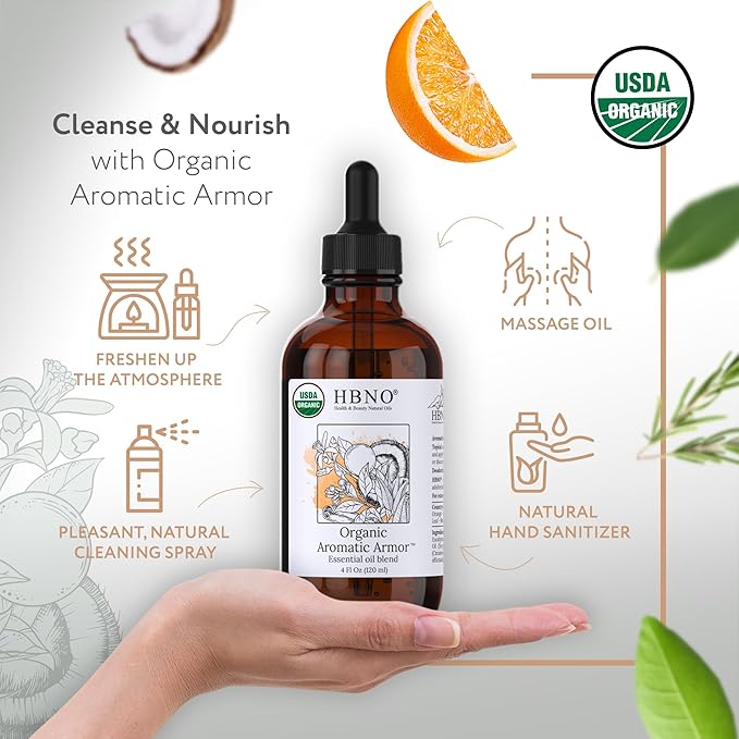 HBNO Organic Aromatic Armor Blend (Comparable to Thieves) - 4 oz (120ml) Value Size - Natural Essential Oil Blend - Perfect for Cleaning, Aromatherapy, DIY, Soap and Diffuser