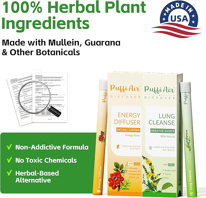 Herbal Diffuser Duo, Detox and Energy Diffuser Pens with Extract of Mullein, Natural Caffeine and Other Biotanicals, 100% Natural Swap - Up to 600 Uses (Varies by Usage), Home & Work Duo