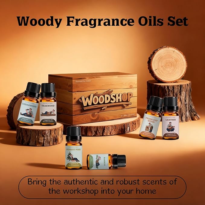 RAINBOW ABBY Woody Fragrance Oils Set, 6x10ml Wood Essential Oil Set for Candle Making, Diffuser - Forest Pine, Fresh Cut Wood, Leather, Teakwood, Bamboo, Cedarwood Aromatherapy Oils