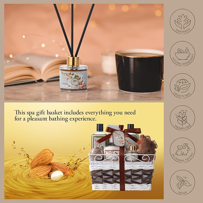 Mothers Day Gifts for Women, Coconut Almond spa kit, Bath and Body Gift Basket for Women & Men Spa Gift Basket,16 Pcs Bath Gift Set With Fragrant Lotion, Home Spa Luxurious Body Oil, Diffuser