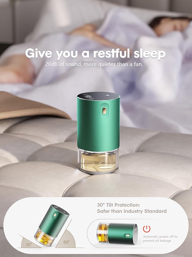 Waterless Oil Diffuser for Home, Car, Office - Rechargeable Scent & Essential Oil Diffuser, 4 Mist Modes and 1/2/4/6 Hour Timer, Portable Cordless Aromatherapy, Spill-Proof Metal Design - Green