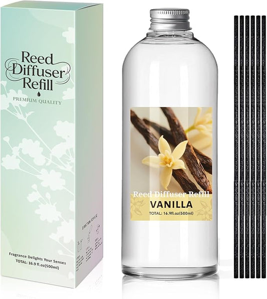 SCENTORINI Reed Diffuser Oil Refill, 16.9oz Natural Vanilla Scented Essential Oil with 6 Sticks, Long Lasting Home Fragrance for Large Space, Bathroom, Spa Room Aromatherapy, Hotel & Office Decor