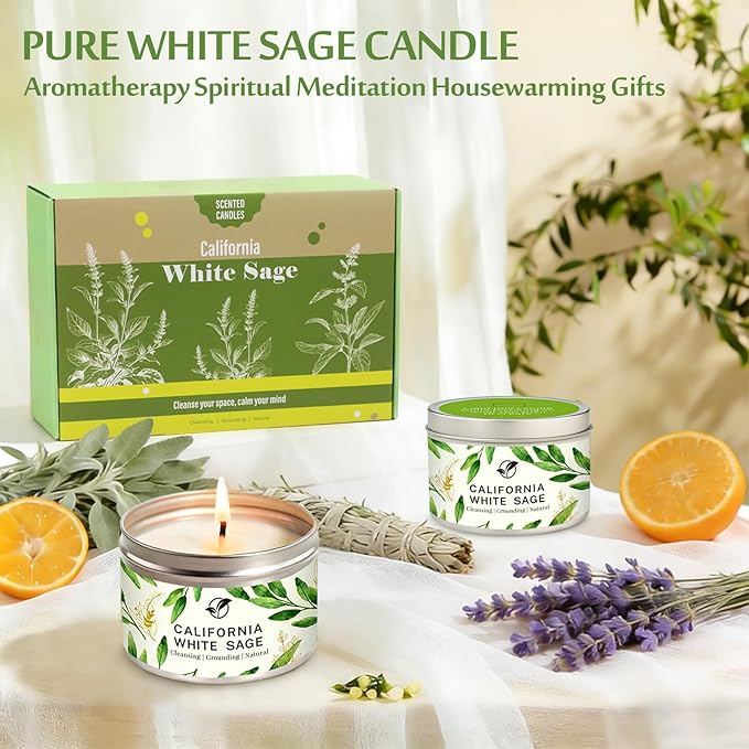 Sage Candle Gift Set, 6-Pack 6oz Natural Soy Wax Aromatherapy Scented Candles, Clean Burn & Lead-Free Cotton Wicks, Calming Relaxing Candles for Spring, Mothers Day & Housewarming Gifts for Mom, Women