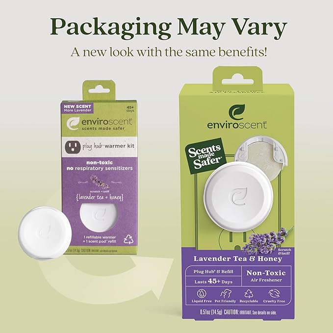 Enviroscent Non-Toxic Air Freshener Plug Hub® Warmer Refillable Kit - Refillable Plug-in Air Freshener - Home Fragrance Lasts Up to 45 Days - Mother’s Day Gift for Mom - Lavender Tea & Honey Scent