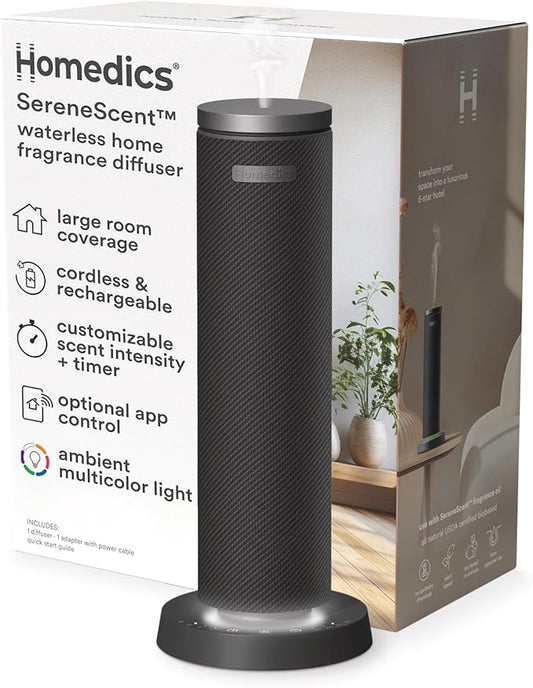Homedics SereneScent Waterless Essential Oil Diffuser, Cordless Rechargeable Aromatherapy Diffuser for Home, Large Room Scent Machine, Timer, App Control, 6 LED Lights, No Water Needed, Black