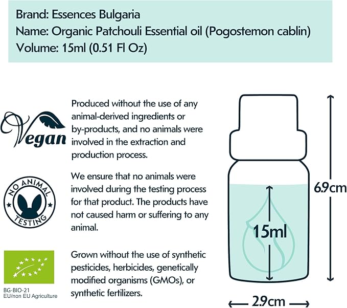 Essences Bulgaria Organic Patchouli Essential Oil 0.51 Fl Oz 15ml Pogostemon cablin - 100% Pure Natural Undiluted Therapeutic Grade for Aromatherapy Diffuser Sauna, DIY Perfume, Soap and Candle Making