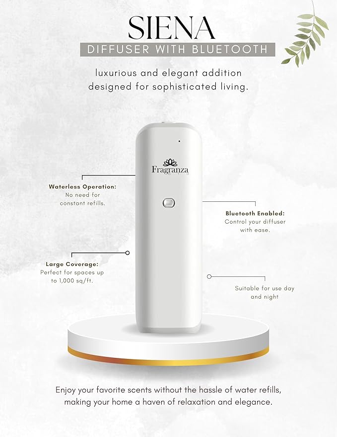 Siena Waterless Aromatherapy Diffuser by Fragranza613 | Bluetooth Enabled, Large Coverage 1,000 sq/ft, Whisper-Quiet, Elegant Design, Safe for Pets & Kids (White)