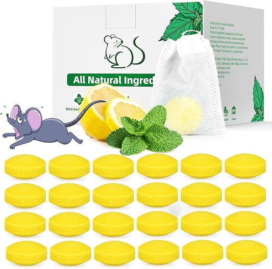 Pest Rodent Repellent, 24 Pack Peppermint Oil Repellent for Mouse Rats Spider Roach Ant Squirrel Pest Control Indoor & Outdoor, Natural Mice Deterrent Replace Trap Poisoning Family & Pet Safe Yellow