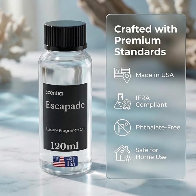 Scentia Escapade Diffuser Oil Refill – Hotel Fragrance Oil Inspired by 5-Star Resort – 120 mL – Jasmine, Bergamot & Marine Long-Lasting Scent for Ultrasonic & Waterless Diffusers, Made in USA