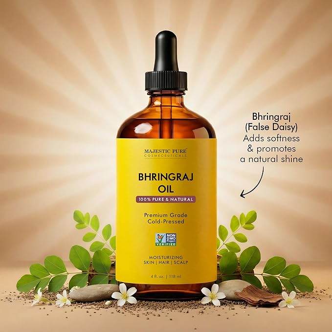 Majestic Pure Bhringraj Premium Carrier Oil 4oz (118ml) With Dropper for Hair Oiling, Scalp Massage & Skin Care