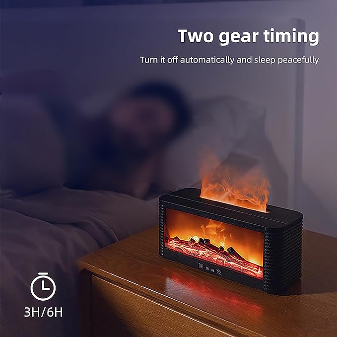 Flame Aroma Diffuser, 250ml Cool Mist Humidifier with Simulated Fireplace, 9 Color LED, 3H/6H Timer, Auto-Off, Black