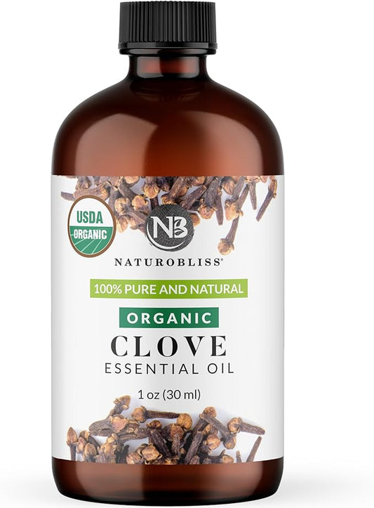 NaturoBliss Organic Clove Essential Oil 1 oz – 100% Pure, Natural, Undiluted for Toothache, Sore Muscles, Skin & Hair Care - Soothing Clove Bud Oil for Aromatherapy, Warm Spicy Aroma