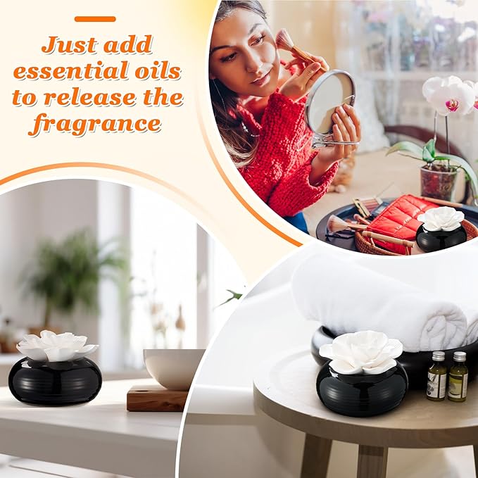 Honeydak 1 Pcs Reedless Ceramic Diffuser Set, Porcelain White Flower Aromatherapy Essential Oil Diffuser for Home Office Bathroom Tabletop Decor, Non-Electric, Valentines Day Gift (Hibiscus)