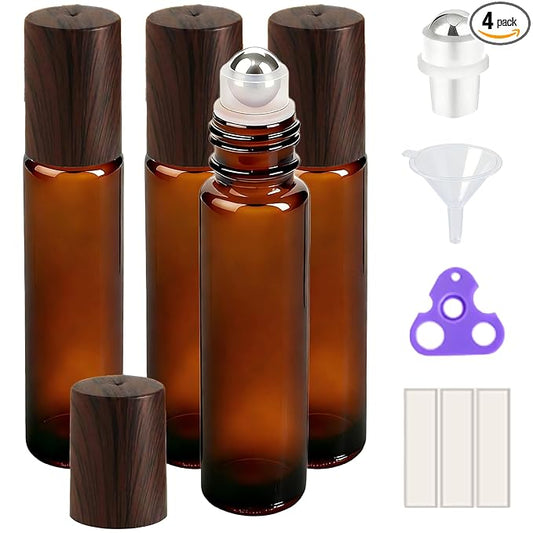 PrettyCare 4 Pack, 10 ml Essential Oil Roller Bottles with Stainless Steel Roller Ball - Refillable Leak-proof Empty Thick Amber Glass Roll on Bottles with Wooden Caps for Travel, Perfume