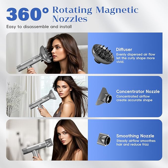 Natrial Ionic Professional Hair Dryer with Diffuser for Curly Hair,1600W&110000RPM High Speed Blow Dryer for Women,Fast Drying,Lock Function,Low Noise,Lightweight for Home Travel Salon,Light Grey