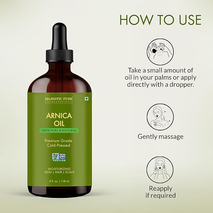 Majestic Pure Arnica Oil 4oz (118ml) Premium Carrier Oil with Dropper for Hair Care, Hair Oiling, Scalp Massage, & Skin Care