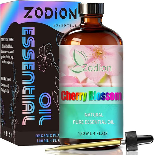 Cherry Blossom Essential Oil, 4 fl oz (120ml) - ZODION Cherry Blossom Fragrance Oil for Diffuser, Massage, Humidifier, DIY Candle, Soap Making, Home, Bath, Yoga
