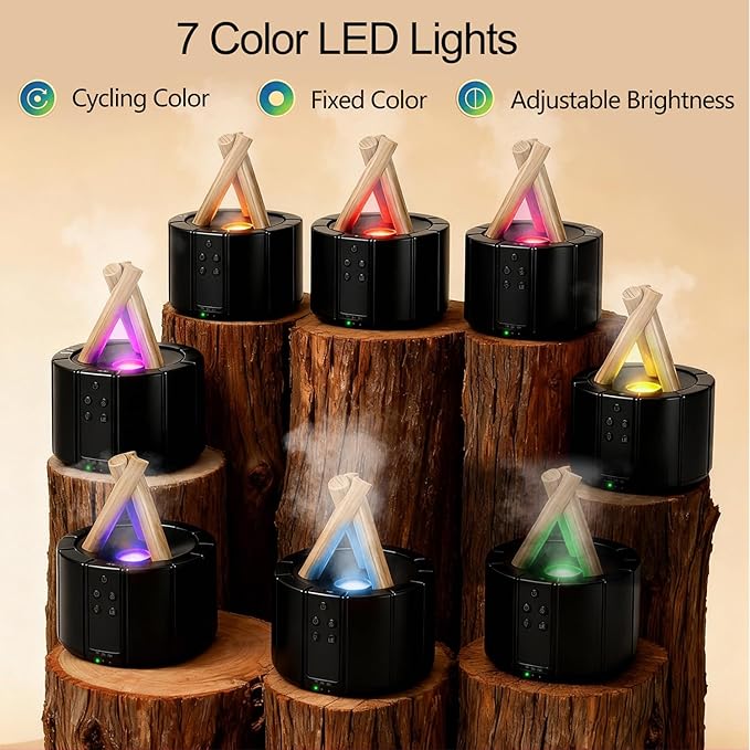 Campfire Flame Diffuser for Essential Oils, 250ml Ultrasonic Cool Mist Aromatherapy Humidifier with Remote Control, 7-Color LED Lights, Timer & Auto-Off for Home, Office & Bedroom (Black)
