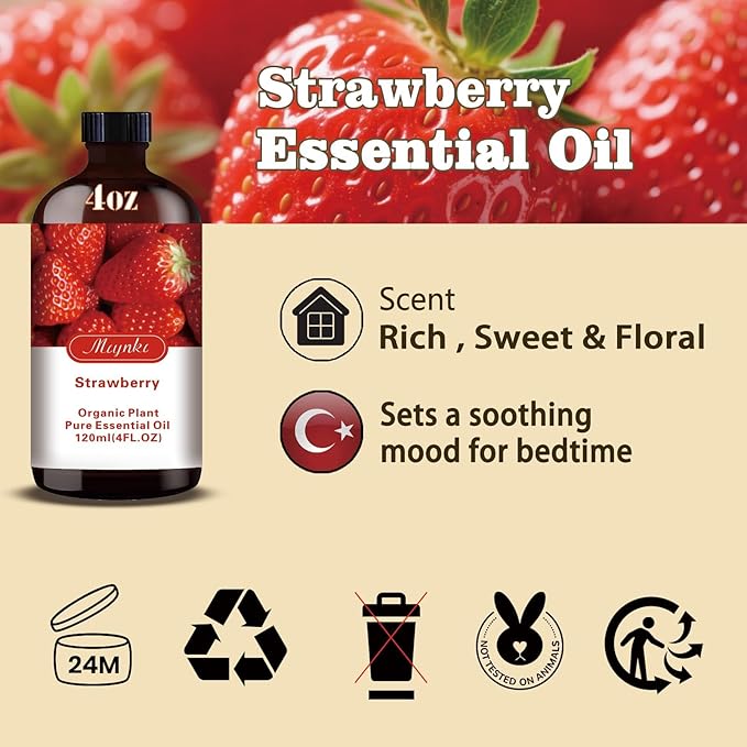 Strawberry Essential Oil – MLYNKL Strawberry Oils 4.33 fl oz for Diffusers, Humidifiers, Massage, DIY Candles, Soap, Cleaning, Home, Yoga, Office, Gifts - 130 ml