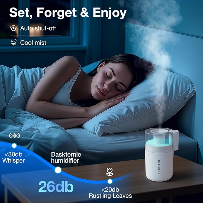 Portable Mini Humidifier, 180ml USB Cool Mist Small Humidifiers for Bedroom, Personal Desktop Humidification for Car Office Travel & Indoor Plants(White)