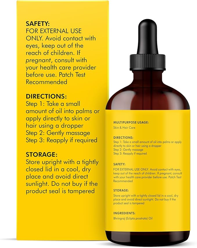Majestic Pure Bhringraj Premium Carrier Oil 4oz (118ml) With Dropper for Hair Oiling, Scalp Massage & Skin Care