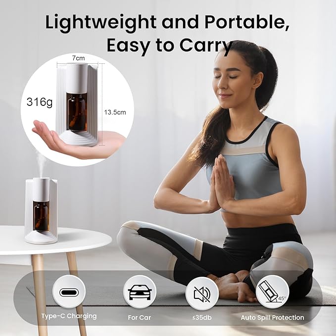 SOPPY Waterless Essential Oil Diffuser, Portable Rechargeable Aromatherapy Diffuser with 3 Mist Levels & 3 Timers, Fits 10/20mL Bottles, Ultra-Quiet Nano-Mist for Home, Car, Office (White)