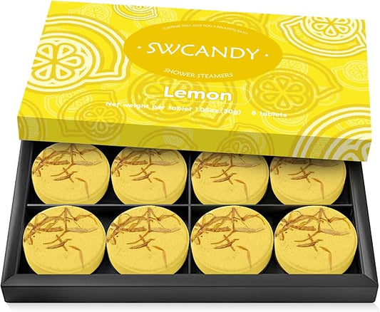 SWCANDY Shower Steamers Aromatherapy Birthday Gifts for Women Travel Essentials, 8 Pcs Lemon, Bath Bombs Shower Bombs with Natural Essential Oils, Relaxation Home SPA