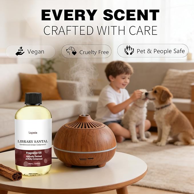 Lopeie Sandalwood Fragrance Oil – Essential Oil for Diffuser, Air Freshener & Room Spray, Long-Lasting with Notes of Sandalwood, Amber, Warm Cozy Scent for Ultrasonic & Waterless Diffusers, 8.5 Fl Oz